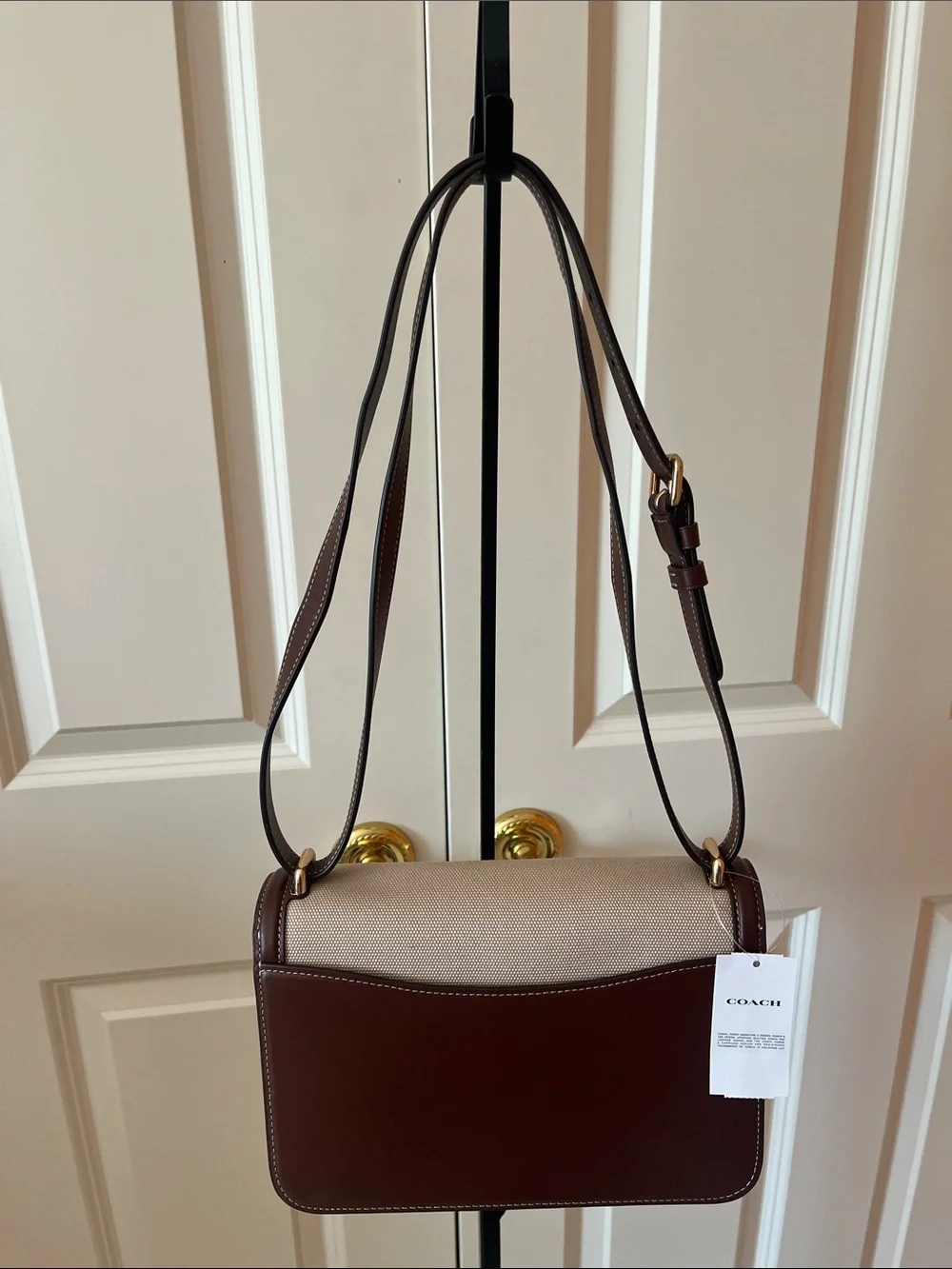 Coach Cream Canvas Crossbody with Brown Leather Trim and Gold Hardware
